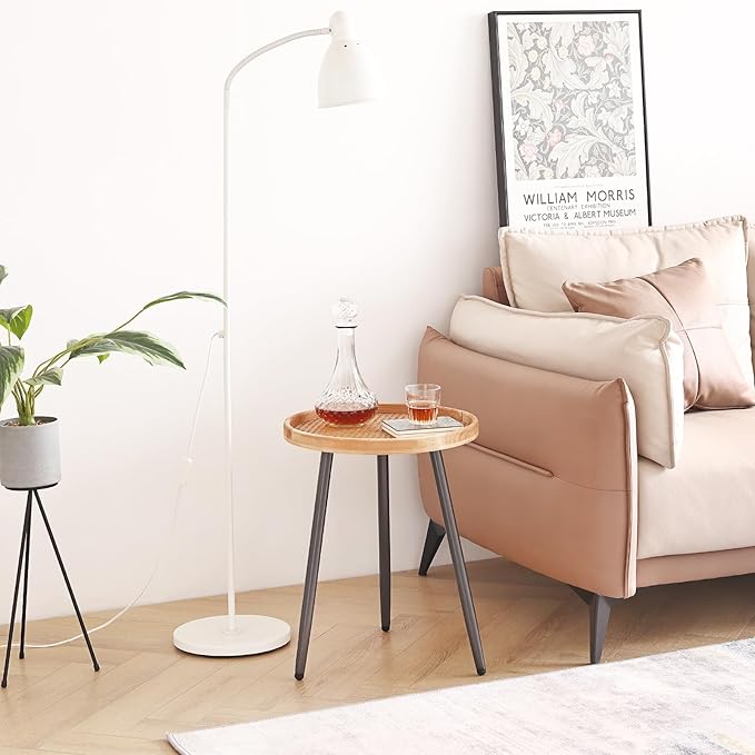 LITA Rattan Log Desktop Round Side End Table, Nightstand/Small Tables, Indoor Outdoor Wooden Tray Table with Metal Stand End Table for Living Room Bedroom Office Small Spaces