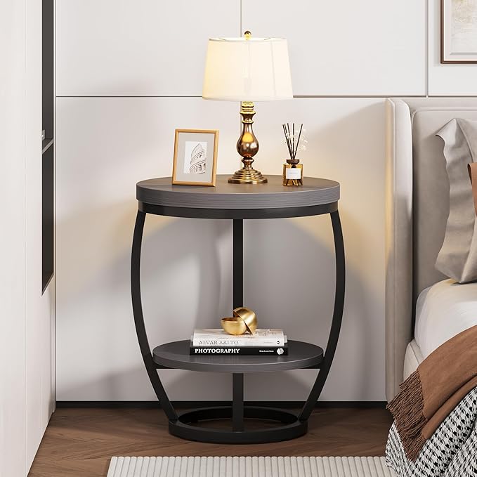 Round End Table, 2 Tier Industrial Side Table, Nightstand with Metal Frame, Accent Bedside Table with Storage Shelves for Living Room, Bedroom, Small Spaces, Gray Brown & Black