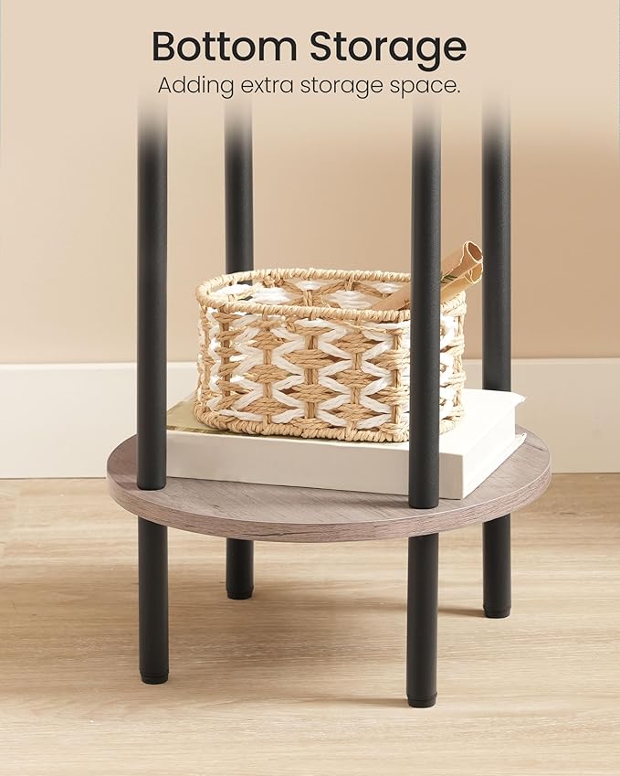 Round Side Table, 2-Tier End Table, Small Round Nightstand with Sturdy Metal Tube, Industrial Small Coffee Table, for Living Room, Bedroom, Greige and Black TBZ01BG