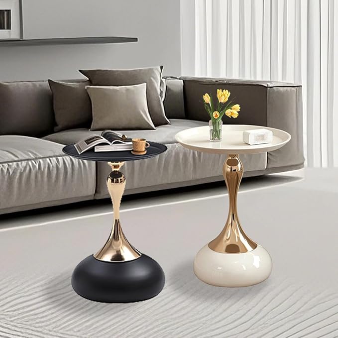 Modern Round Side Table with Gold Pedestal Base, Black Metal Top, Accent End Table for Living Room (Cream White+Black)