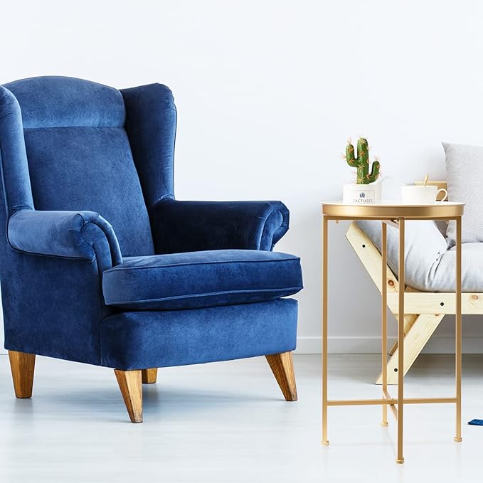 danpinera Gold Side Table, Metal Folding Black Side Table Small Round Circle End Table with Tray Top Waterproof Black Nightstand for Bedroom Living Room Small Spaces 25.75 Inch