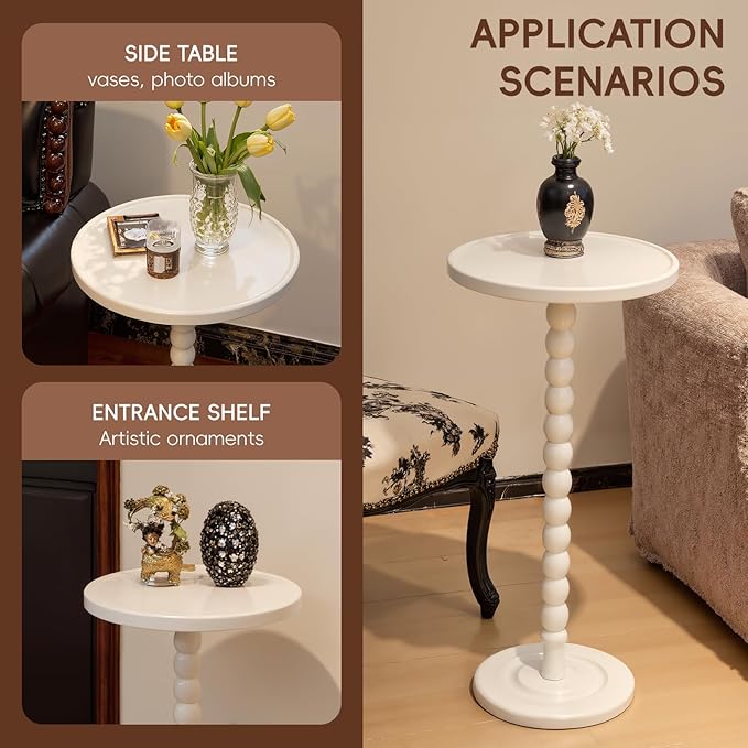 Small Accent Wood End Table, 12inch Round Bedside Table, Natural Side Table Nightstand for Family, Bedroom, Living Room, Handcrafted Finish, White