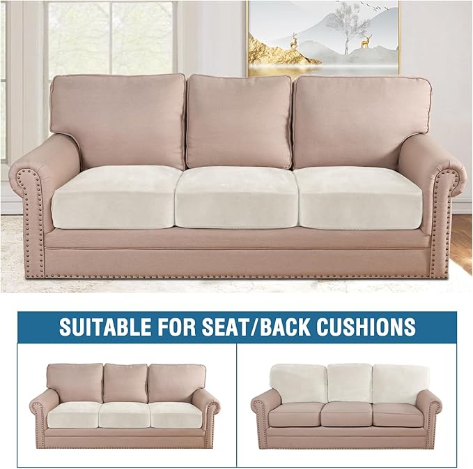 H.VERSAILTEX Velvet Stretch Couch Cushion Cover Plush Cushion Slipcover for Chair Loveseat Sofa Cushion Furniture Protector Seat Cushion Sofa Cover (3 Piece Sofa Cushion Covers, Porcelain)