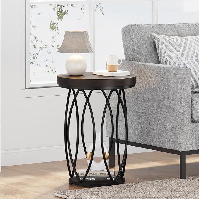 Tribesigns Round Side Table, Small End Table with Storage Shelf, Industrial Accent Bedside Table Couch Table with Metal Frame for Living Room, Bedroom (2)