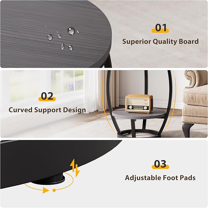 Round End Table, 2 Tier Industrial Side Table, Nightstand with Metal Frame, Accent Bedside Table with Storage Shelves for Living Room, Bedroom, Small Spaces, Gray Brown & Black