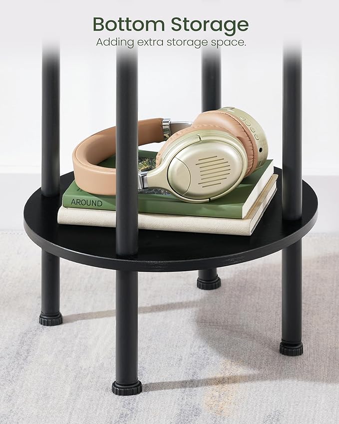 Side Table Set of 2, 2-Tier Round End Table, Small Nightstand with Sturdy Metal Tube, Industrial Coffee Table, for Living Room, Bedroom, Black TBZ01P2BB