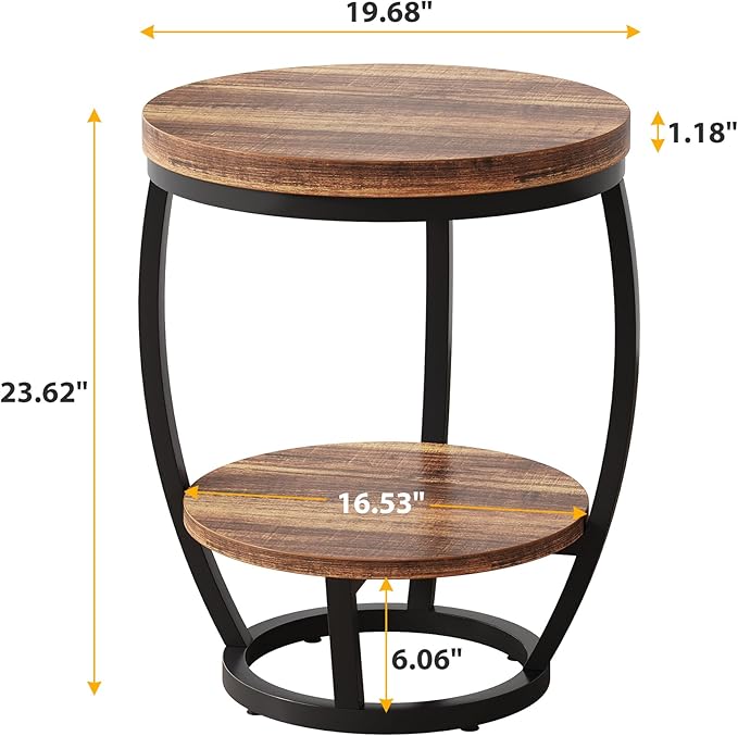 Round End Table Set of 2, 2 Tier Industrial Side Table, Nightstand with Metal Frame, Accent Bedside Table with Storage Shelves for Living Room, Bedroom, Small Spaces, Rustic Brown & Black