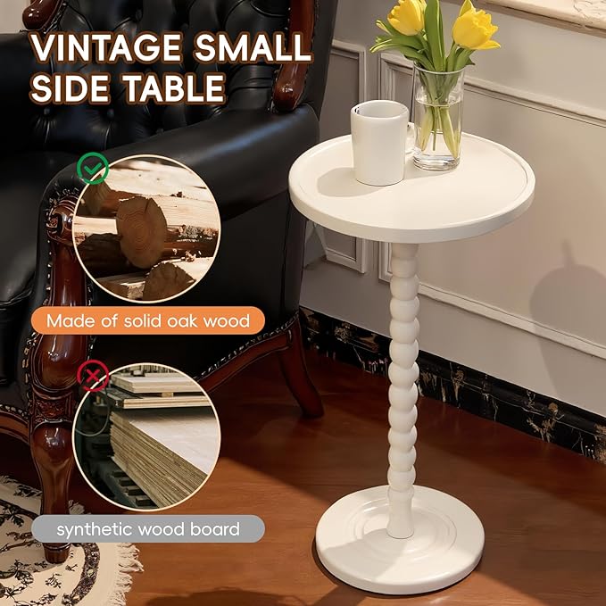 Small Accent Wood End Table, 12inch Round Bedside Table, Natural Side Table Nightstand for Family, Bedroom, Living Room, Handcrafted Finish, White