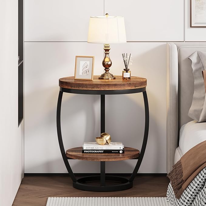 Round End Table Set of 2, 2 Tier Industrial Side Table, Nightstand with Metal Frame, Accent Bedside Table with Storage Shelves for Living Room, Bedroom, Small Spaces, Rustic Brown & Black