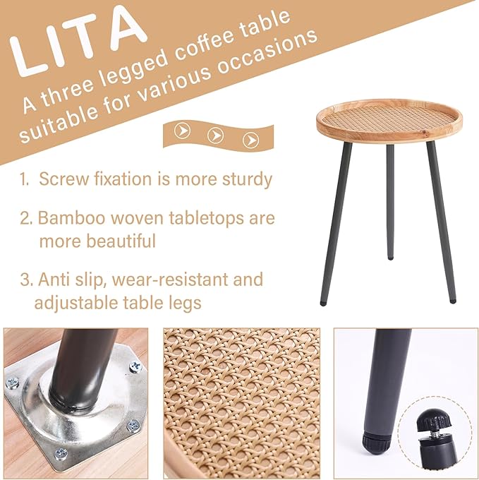LITA Rattan Log Desktop Round Side End Table, Nightstand/Small Tables, Indoor Outdoor Wooden Tray Table with Metal Stand End Table for Living Room Bedroom Office Small Spaces