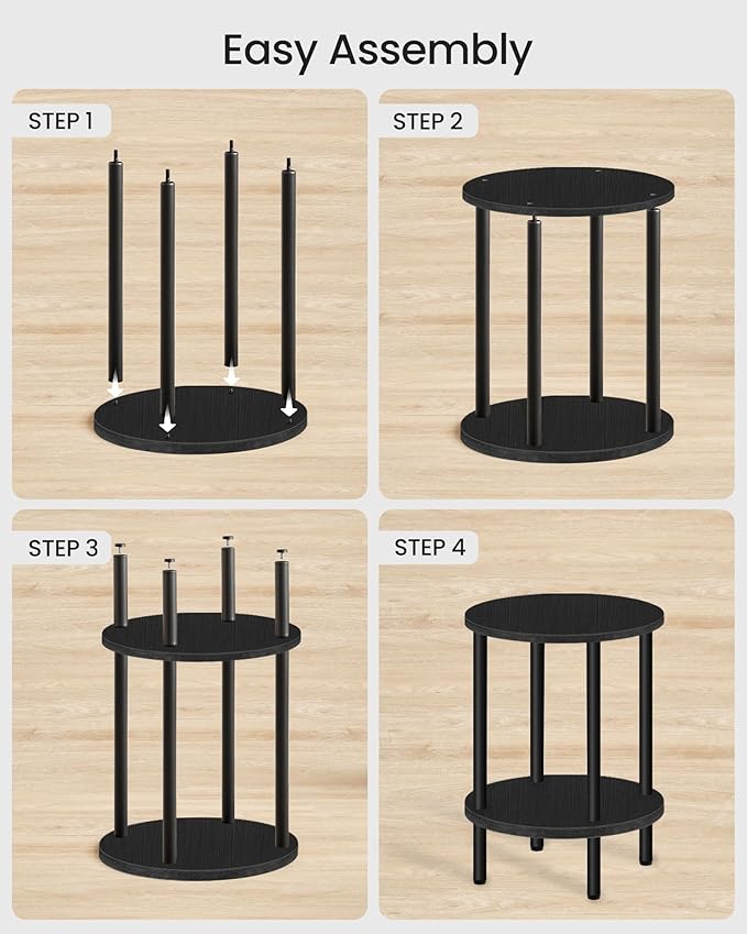 Round Side Table, 2-Tier End Table, Small Round Nightstand with Sturdy Metal Tube, Industrial Coffee Table Round, for Living Room, Bedroom, Black TBZ01BB