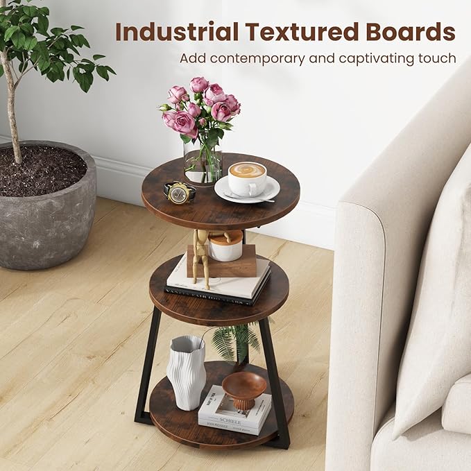 Giantex Round End Table Set of 2, Industrial Side Table with Sturdy Metal Frame, Coffee Table, 3-Tier Bedside Table for Bedroom, Living Room, Couch, Accent Table for Small Spaces, Rustic Brown