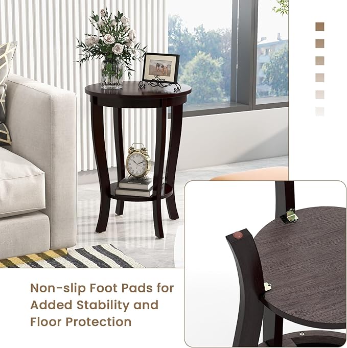 GOFLAME 2-Tier Round End Table, 18” Sofa Side Table with Storage Shelf, Floor Tea Table with Solid Wood Legs, Compact Nightstand for Small Space, Living Room, Bedroom, Espresso
