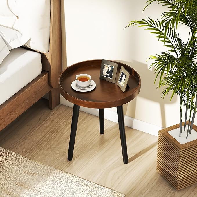 Giantex Round End Table Set of 2, Mid Century Modern Side Tables with Wooden Tray & Bamboo Legs, Sofa Couch Accent Table, Small Coffee Table for Small Space Living Room, Nightstand for Bedroom, Walnut