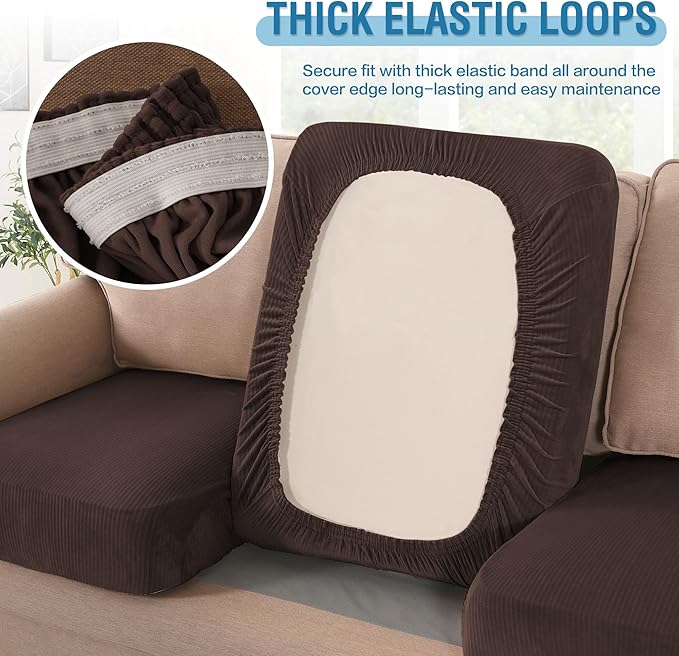 H.VERSAILTEX Velvet Stretch Couch Cushion Cover Plush Cushion Slipcover for Chair Cushion Furniture Protector Seat Cushion Sofa Cover (1 Piece Armchair Cushion Covers, Brown Striped)