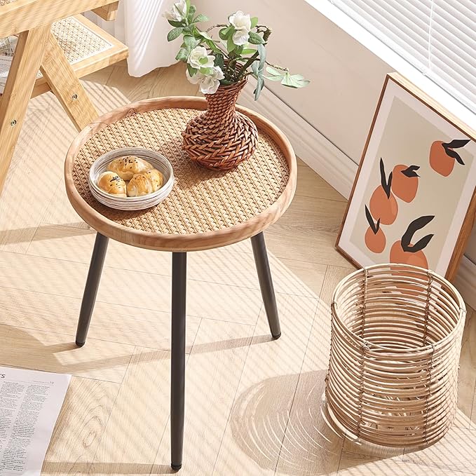 LITA Rattan Log Desktop Round Side End Table, Nightstand/Small Tables, Indoor Outdoor Wooden Tray Table with Metal Stand End Table for Living Room Bedroom Office Small Spaces