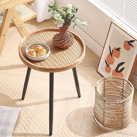 LITA Rattan Log Desktop Round Side End Table, Nightstand/Small Tables, Indoor Outdoor Wooden Tray Table with Metal Stand End Table for Living Room Bedroom Office Small Spaces