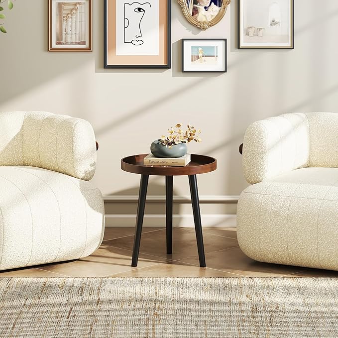 Giantex Round End Table Set of 2, Mid Century Modern Side Tables with Wooden Tray & Bamboo Legs, Sofa Couch Accent Table, Small Coffee Table for Small Space Living Room, Nightstand for Bedroom, Walnut