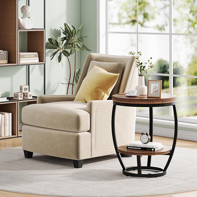 Round End Table Set of 2, 2 Tier Industrial Side Table, Nightstand with Metal Frame, Accent Bedside Table with Storage Shelves for Living Room, Bedroom, Small Spaces, Rustic Brown & Black