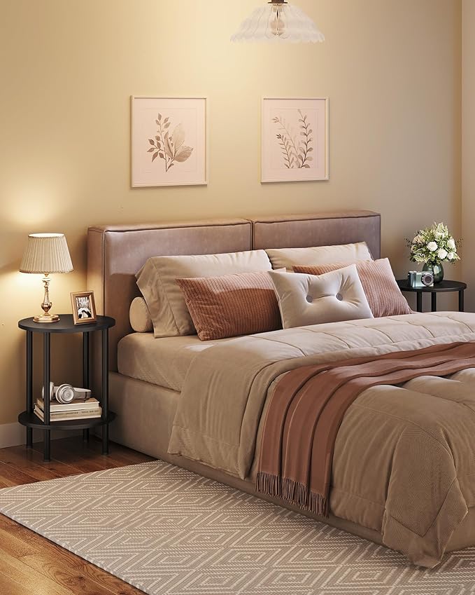 Side Table Set of 2, 2-Tier Round End Table, Small Nightstand with Sturdy Metal Tube, Industrial Coffee Table, for Living Room, Bedroom, Black TBZ01P2BB