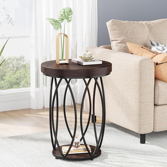 Tribesigns Round Side Table, Small End Table with Storage Shelf, Industrial Accent Bedside Table Couch Table with Metal Frame for Living Room, Bedroom (2)