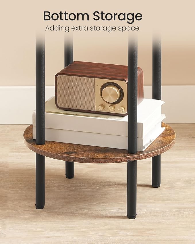 Round Side Table, 2-Tier End Table, Small Round Nightstand with Sturdy Metal Tube, Industrial Circular Coffee Table, for Living Room, Bedroom, Rustic Brown and Black TBZ01BF