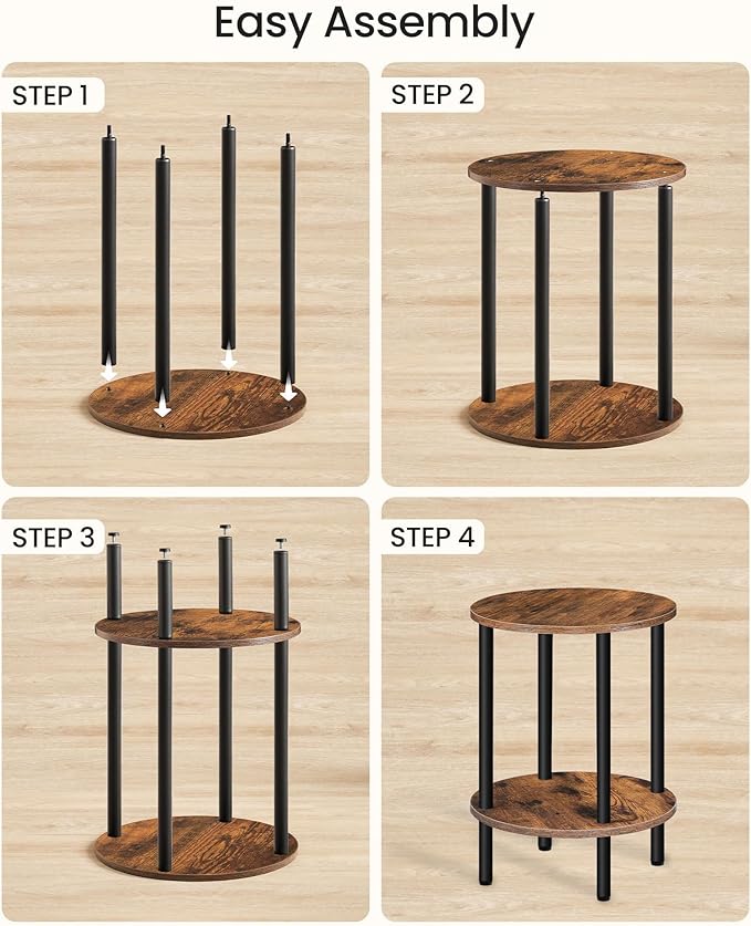 Side Table Set of 2, 2-Tier Round End Table, Small Nightstand with Sturdy Metal Tube, Industrial Coffee Table, for Living Room, Bedroom, Rustic Brown and Black TBZ01P2BF