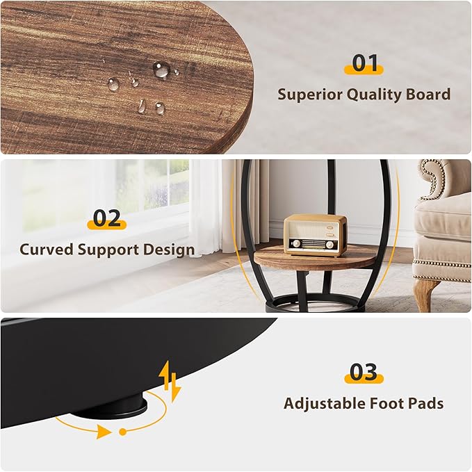 Round End Table Set of 2, 2 Tier Industrial Side Table, Nightstand with Metal Frame, Accent Bedside Table with Storage Shelves for Living Room, Bedroom, Small Spaces, Rustic Brown & Black