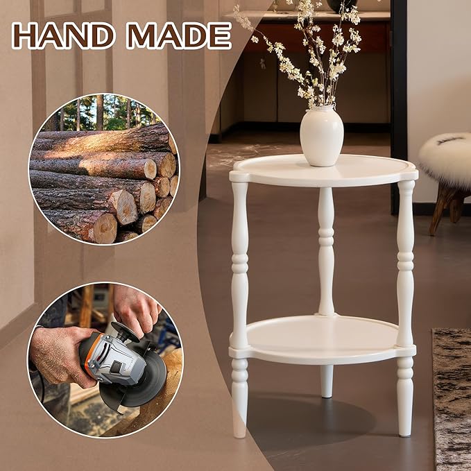 Accent Wood End Table, 2-Tier Round Bedside Table, Natural Side Table Nightstand for Family, Bedroom, Living Room, Handcrafted Finish, White