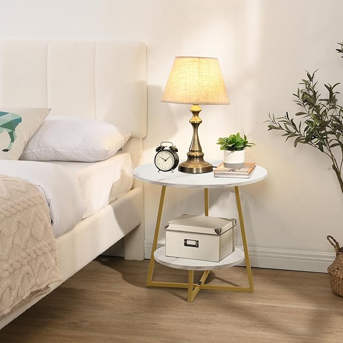 D&H FURNIMMT 20" Living Room Side Table for Small Spaces, 2 Tier Wood Top Round End Tables with Storage Shelf, Accent Sofa Table for Bedroom, Office, Sunroom, Balcony, White Faux Marble/Gold