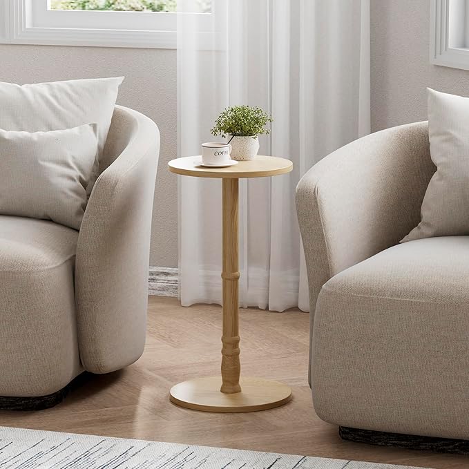 Round Side Table, Solid Wood Pillar with Wood Top & Base, Small Drink Accent Table for Living Room, Bedroom, Sofa & Office, Easy Assembly, Natural