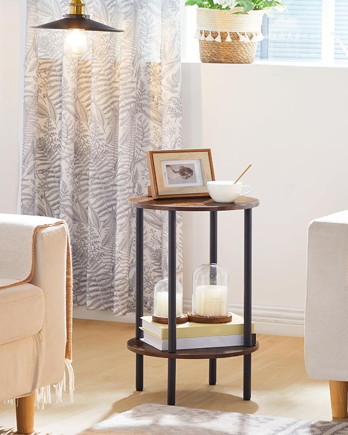 Side Table Set of 2, 2-Tier Round End Table, Small Nightstand with Sturdy Metal Tube, Industrial Coffee Table, for Living Room, Bedroom, Rustic Brown and Black TBZ01P2BF