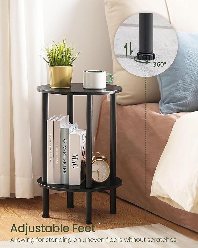 Side Table Set of 2, 2-Tier Round End Table, Small Nightstand with Sturdy Metal Tube, Industrial Coffee Table, for Living Room, Bedroom, Black TBZ01P2BB