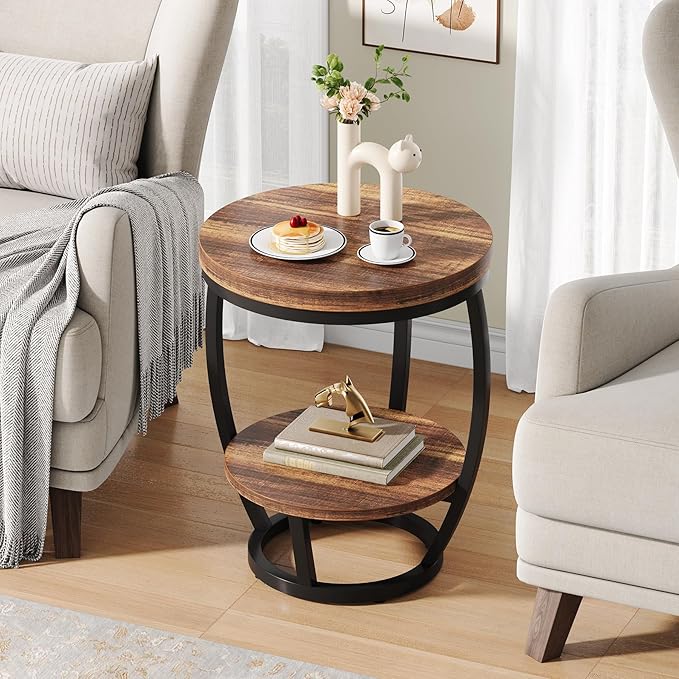 Round End Table, 2 Tier Industrial Side Table, Nightstand with Metal Frame, Accent Bedside Table with Storage Shelves for Living Room, Bedroom, Small Spaces, Rustic Brown & Black