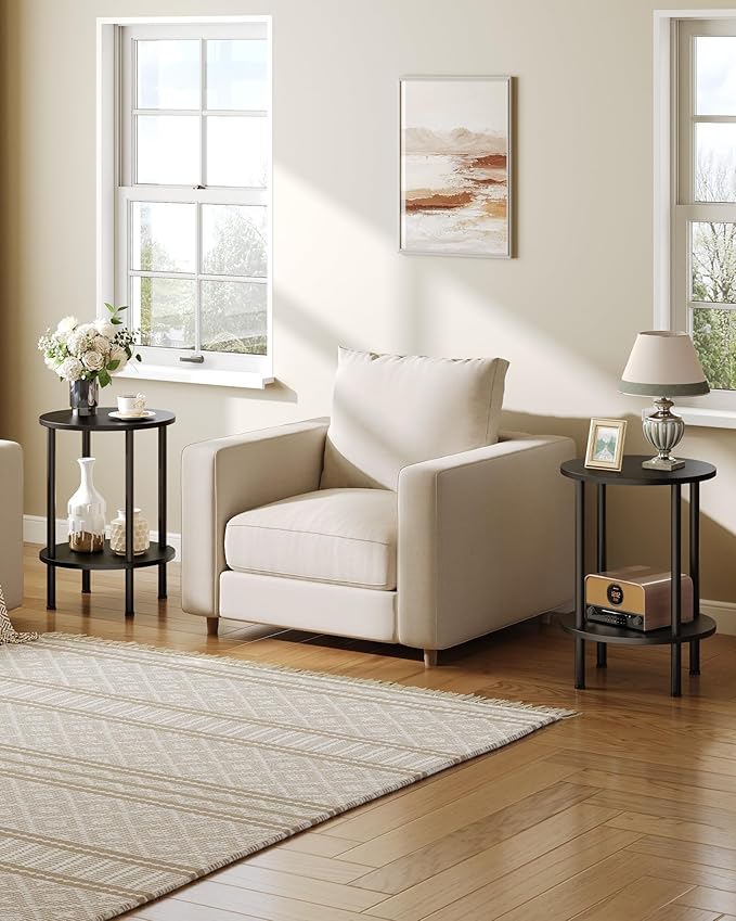 Round Side Table, 2-Tier End Table, Small Round Nightstand with Sturdy Metal Tube, Industrial Coffee Table Round, for Living Room, Bedroom, Black TBZ01BB