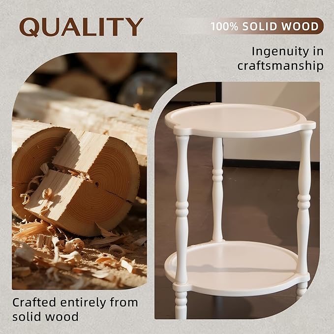 Accent Wood End Table, 2-Tier Round Bedside Table, Natural Side Table Nightstand for Family, Bedroom, Living Room, Handcrafted Finish, White