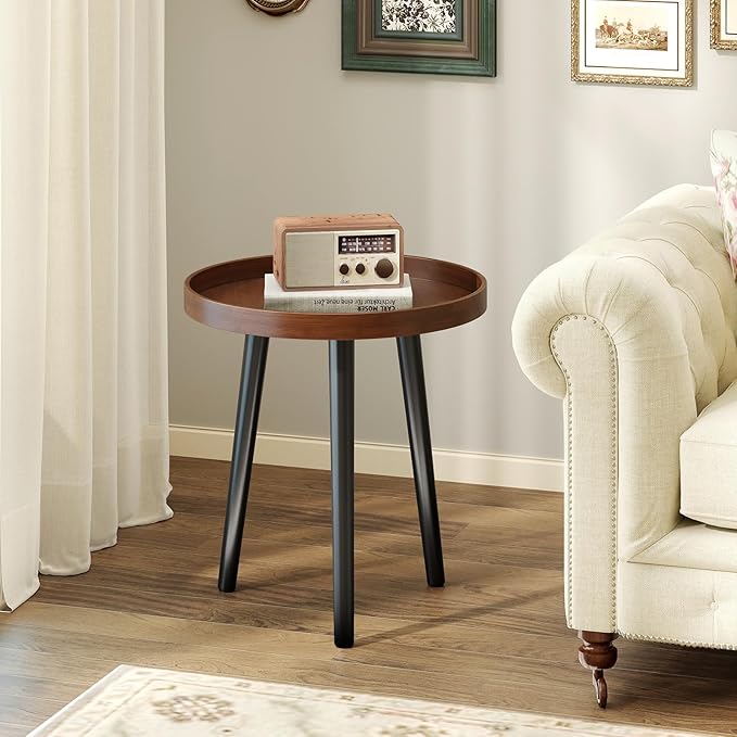 Giantex Round End Table Set of 2, Mid Century Modern Side Tables with Wooden Tray & Bamboo Legs, Sofa Couch Accent Table, Small Coffee Table for Small Space Living Room, Nightstand for Bedroom, Walnut