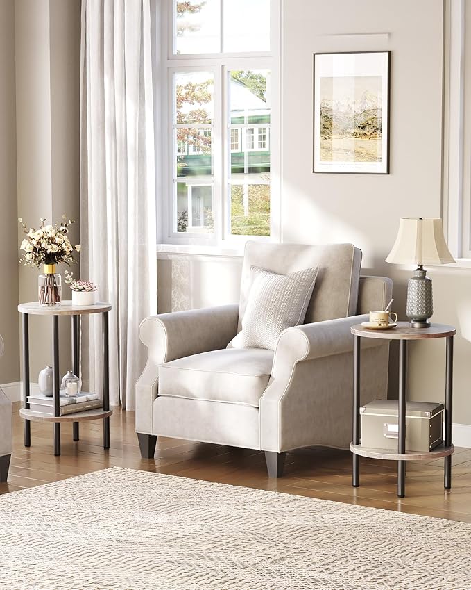 Round Side Table, 2-Tier End Table, Small Round Nightstand with Sturdy Metal Tube, Industrial Small Coffee Table, for Living Room, Bedroom, Greige and Black TBZ01BG