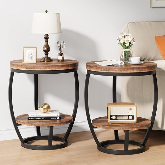 Round End Table Set of 2, 2 Tier Industrial Side Table, Nightstand with Metal Frame, Accent Bedside Table with Storage Shelves for Living Room, Bedroom, Small Spaces, Rustic Brown & Black