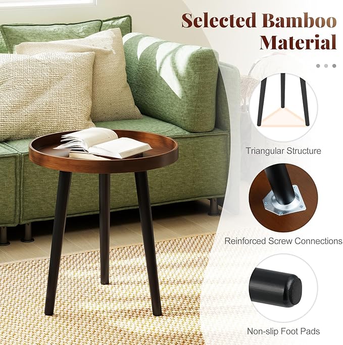 Giantex Round End Table Set of 2, Mid Century Modern Side Tables with Wooden Tray & Bamboo Legs, Sofa Couch Accent Table, Small Coffee Table for Small Space Living Room, Nightstand for Bedroom, Walnut