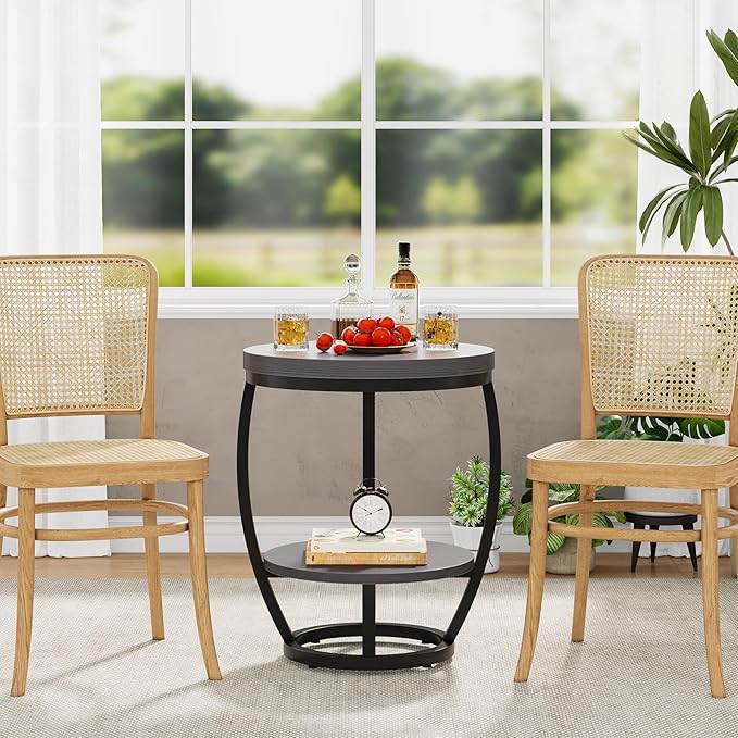 Round End Table, 2 Tier Industrial Side Table, Nightstand with Metal Frame, Accent Bedside Table with Storage Shelves for Living Room, Bedroom, Small Spaces, Gray Brown & Black