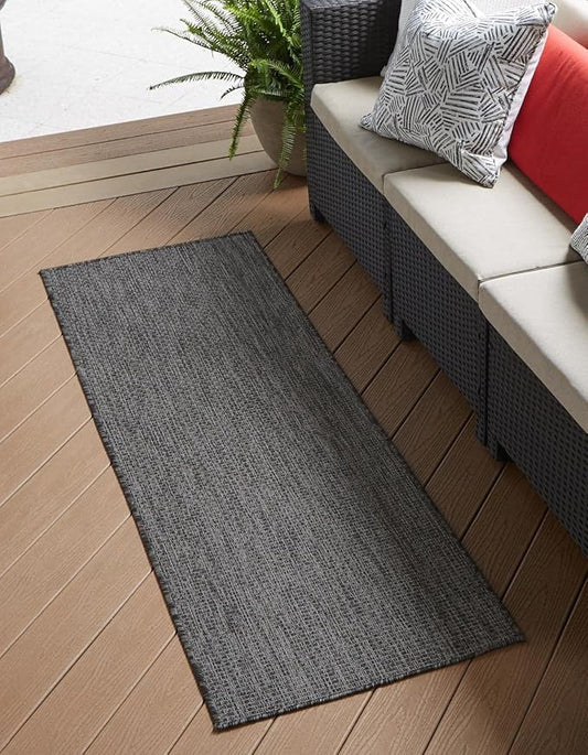 Unique Loom Collection Casual Transitional Solid Heathered Indoor/Outdoor Flatweave Area Rug (2' x 8' Runner, Black/Ivory)
