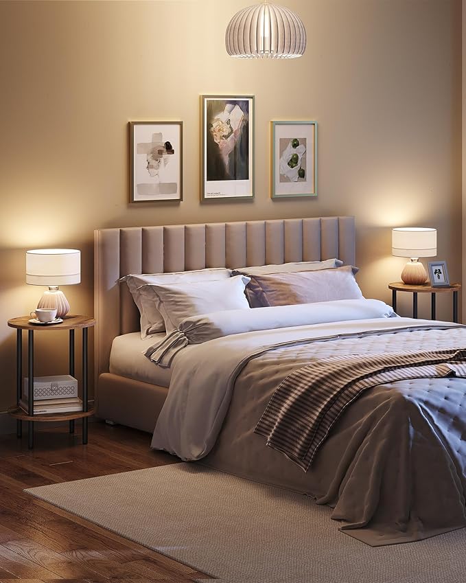 Side Table Set of 2, 2-Tier Round End Table, Small Nightstand with Sturdy Metal Tube, Industrial Coffee Table, for Living Room, Bedroom, Rustic Brown and Black TBZ01P2BF