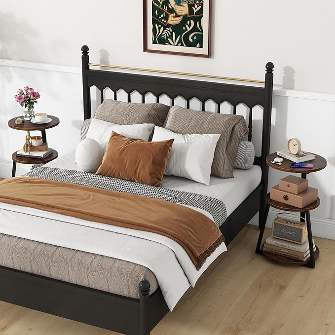 Giantex Round End Table Set of 2, Industrial Side Table with Sturdy Metal Frame, Coffee Table, 3-Tier Bedside Table for Bedroom, Living Room, Couch, Accent Table for Small Spaces, Rustic Brown