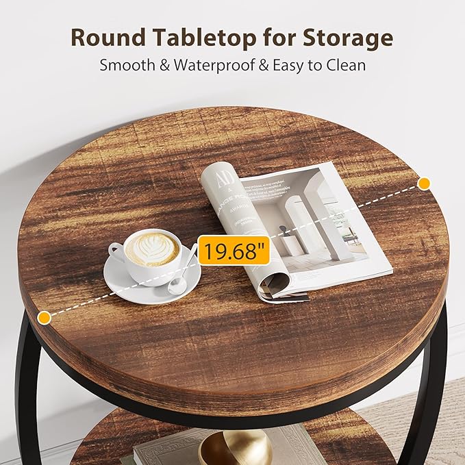 Round End Table Set of 2, 2 Tier Industrial Side Table, Nightstand with Metal Frame, Accent Bedside Table with Storage Shelves for Living Room, Bedroom, Small Spaces, Rustic Brown & Black