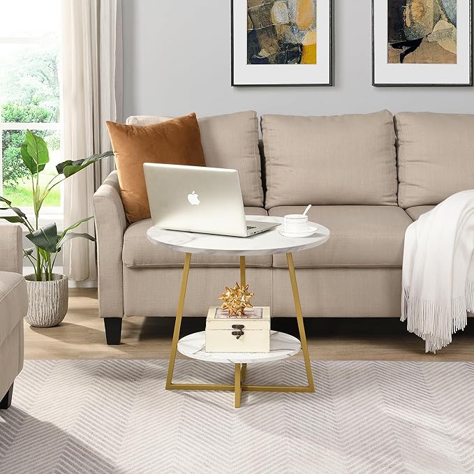 D&H FURNIMMT 20" Living Room Side Table for Small Spaces, 2 Tier Wood Top Round End Tables with Storage Shelf, Accent Sofa Table for Bedroom, Office, Sunroom, Balcony, White Faux Marble/Gold