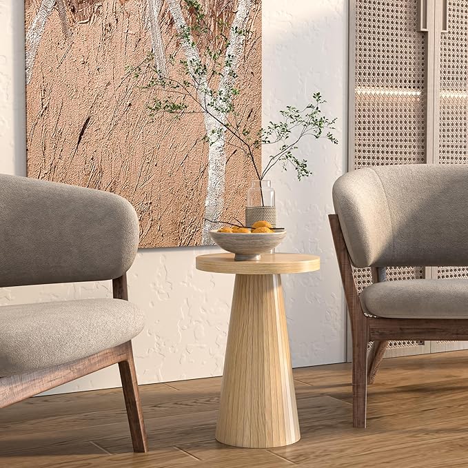 Round Fluted Accent End Table, Drink Small for Living Room, Mid Century Modern Night Stand, Circle Bedside Table, Wood Nightstands for Bedroom (Big Oak)