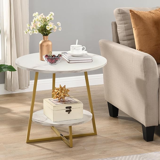 D&H FURNIMMT 20" Living Room Side Table for Small Spaces, 2 Tier Wood Top Round End Tables with Storage Shelf, Accent Sofa Table for Bedroom, Office, Sunroom, Balcony, White Faux Marble/Gold