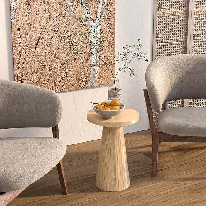 Round Fluted Accent End Table, Drink Small for Living Room, Mid Century Modern Night Stand, Circle Bedside Table, Wood Nightstands for Bedroom (Big Oak)