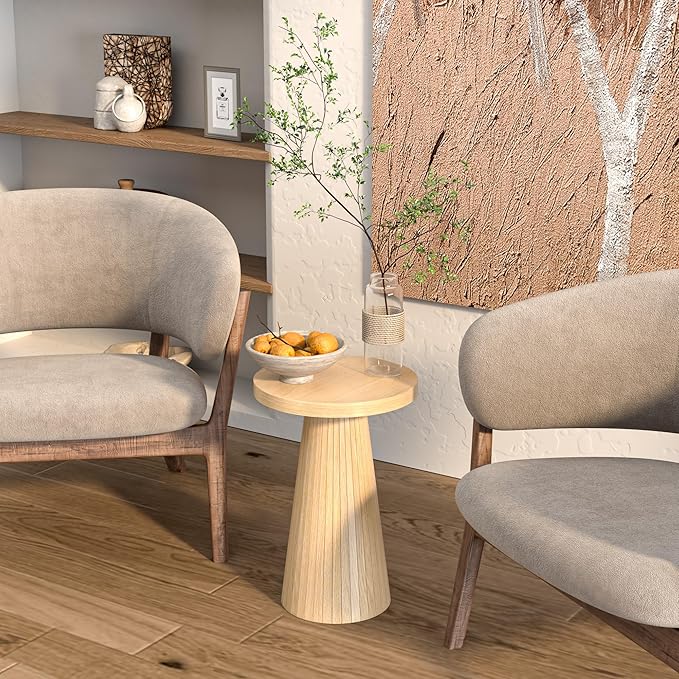 Round Fluted Accent End Table, Drink Small for Living Room, Mid Century Modern Night Stand, Circle Bedside Table, Wood Nightstands for Bedroom (Big Oak)